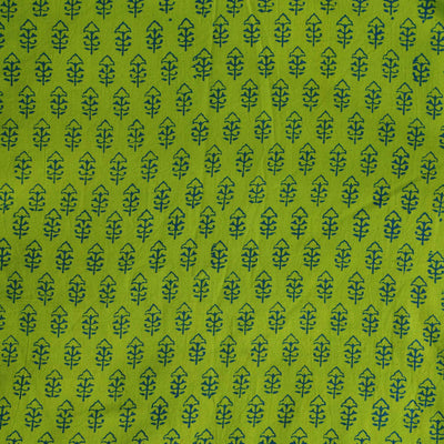 Pure Cotton Gamthi Green With Blue Motifs Hand Block Print Fabric