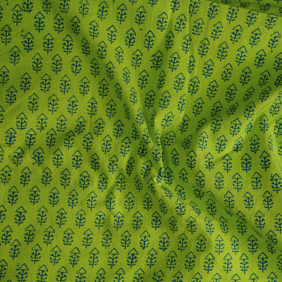 Pure Cotton Gamthi Green With Blue Motifs Hand Block Print Fabric