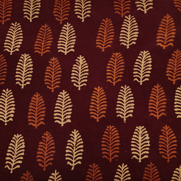 Pure Cotton Gamthi Maroon With Orange And Cream Ferns Hand Block Print Fabric