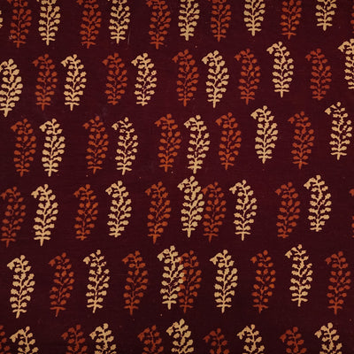 Pure Cotton Gamthi Maroon With Orange And Cream Small Ferns Hand Block Print Fabric