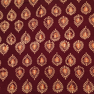 Pure Cotton Gamthi Maroon With Orange And Cream Small Paan Hand Block Print Fabric