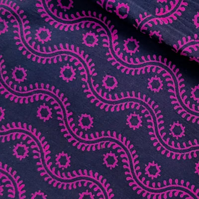 Pure Cotton Gamthi Navy Blue With Pink Purple Wavy Creeper Hand Block Print Blouse Fabric ( 80 cm )