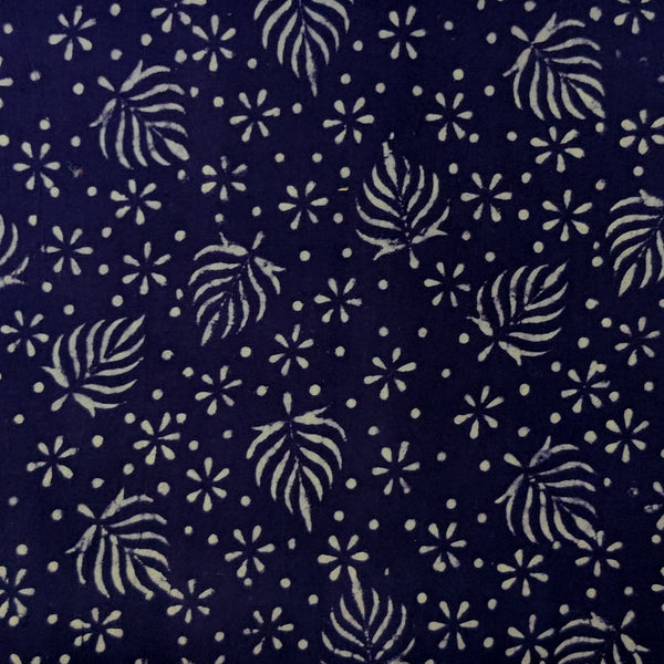 pre-cut Pure Cotton Gamthi Navy Blue With White Leaves And Flowers Motifs Hand Block Print Fabric( 1.60 meter)