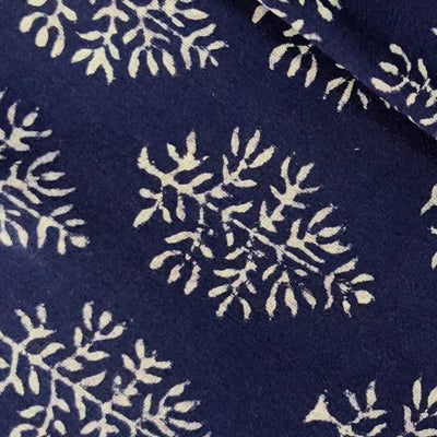 Pure Cotton Gamthi Navy Blue With White Plant Hand Block Print Blouse Fabric ( 1.30 meter )