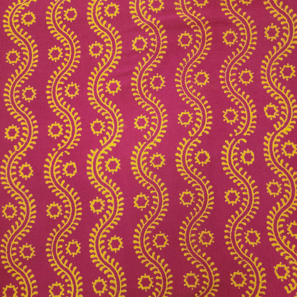 Pure Cotton Gamthi Pink With Yellow Creeper Hand Block Print Fabric