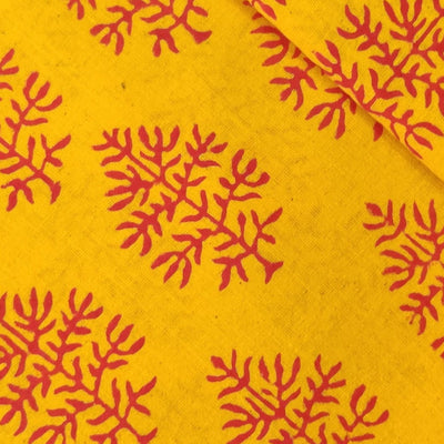 Pre-cut (2.35 meter)Pure Cotton Gamthi Yellow With Red Plant Hand Block Print Fabric