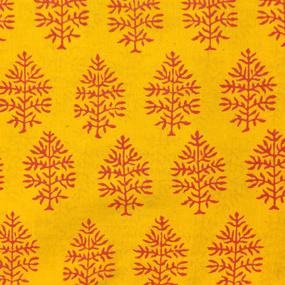 Pre-cut (2.35 meter)Pure Cotton Gamthi Yellow With Red Plant Hand Block Print Fabric