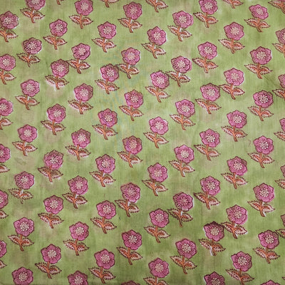 Pure Cotton Green With Jasmine Pink Flower Motifs Jaipuri Hand Block Print