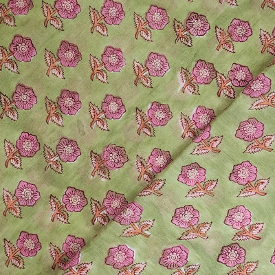 Pure Cotton Green With Jasmine Pink Flower Motifs Jaipuri Hand Block Print
