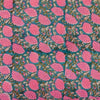 Pure Cotton Grey Blue With Pink Flower Jaal Hand Block Print Fabric