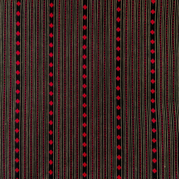 Pre-cut Pure Cotton Handloom Black With Red Thread And Flower Stripes Woven Fabric( 1.90 meter)