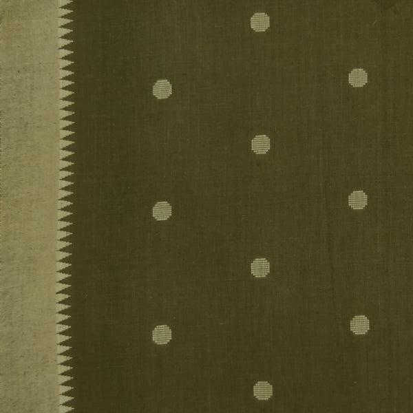 Pure Cotton Handloom Brownish Green With Polka Dots And Temple Border