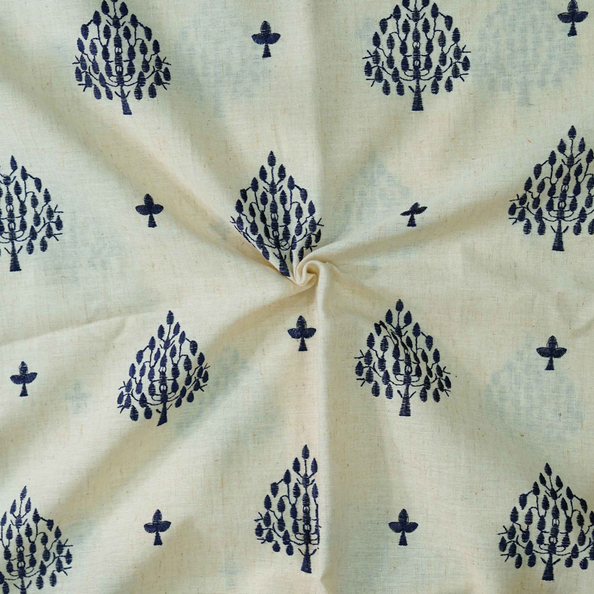 Pure Cotton Handloom Cream With Navy Blue Tree Embroidered Motifs Fabr ...