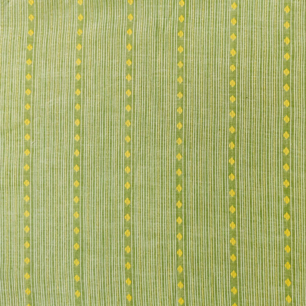 Pre-cut 2 meter Pure Cotton Handloom Pastel Green With Yellow Thread And Flower Stripes Woven Fabric