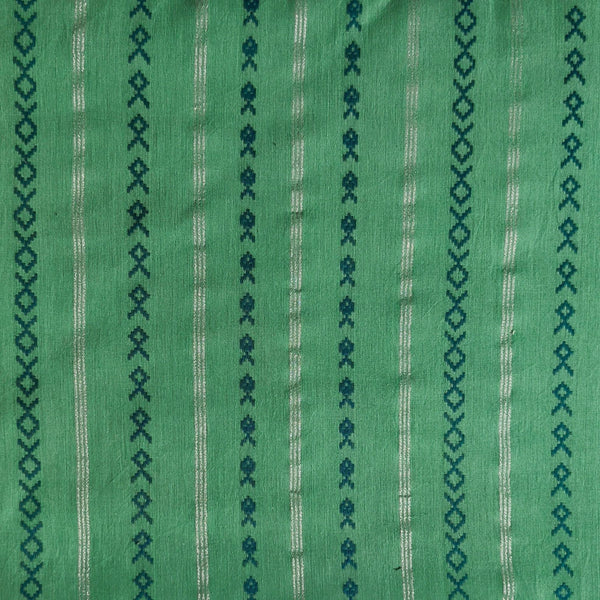 Pure Cotton Handloom Teal With Silver Stripes With Dark Teal Fish Stripes Woven Blouse Fabric ( 0.90 meter )