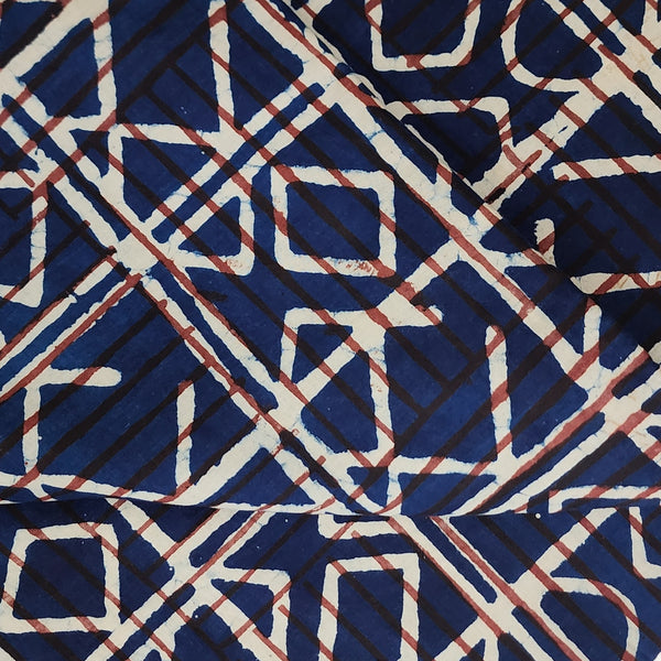 Pure Cotton Indigo Abstract With Rust Lines Hand Block Print Fabric
