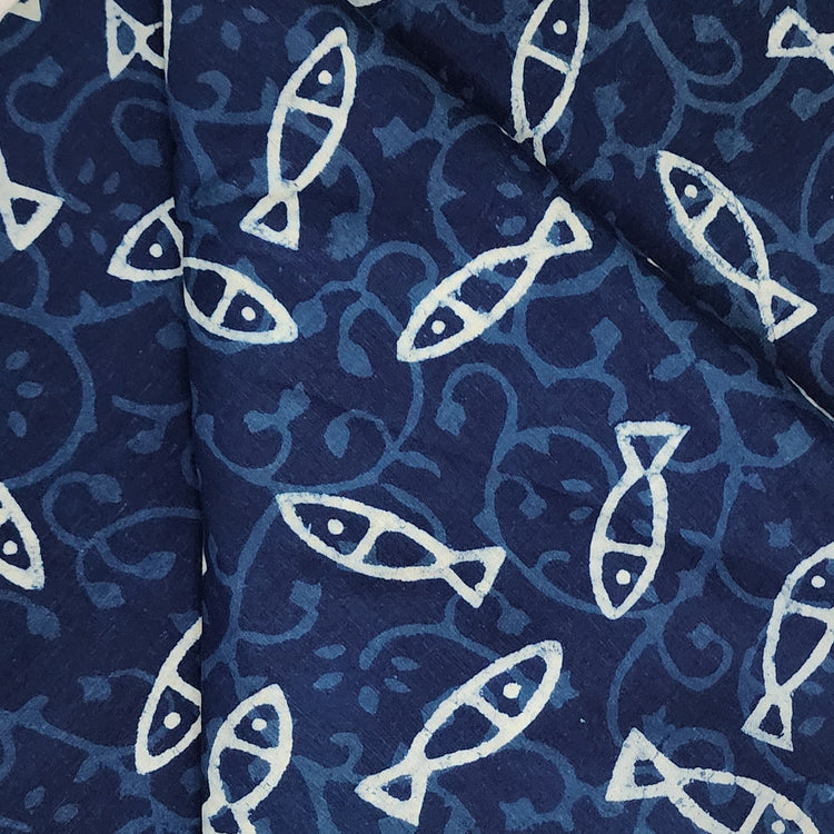 Pure Cotton Indigo With Fish In The Sea Hand Block Print Fabric – Sanskruti