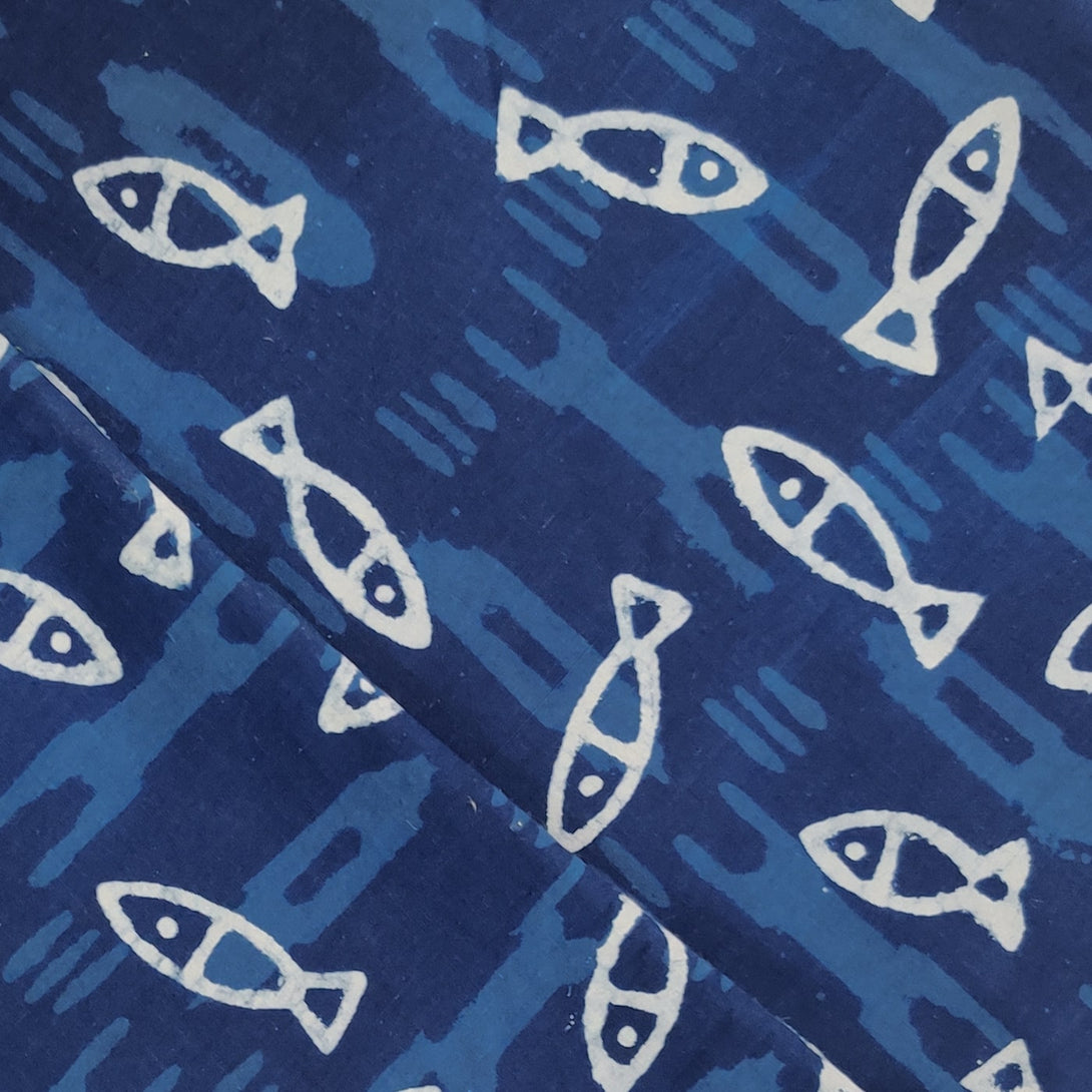 Pure Cotton Indigo With Fish In The Sea Hand Block Print Fabric – Sanskruti