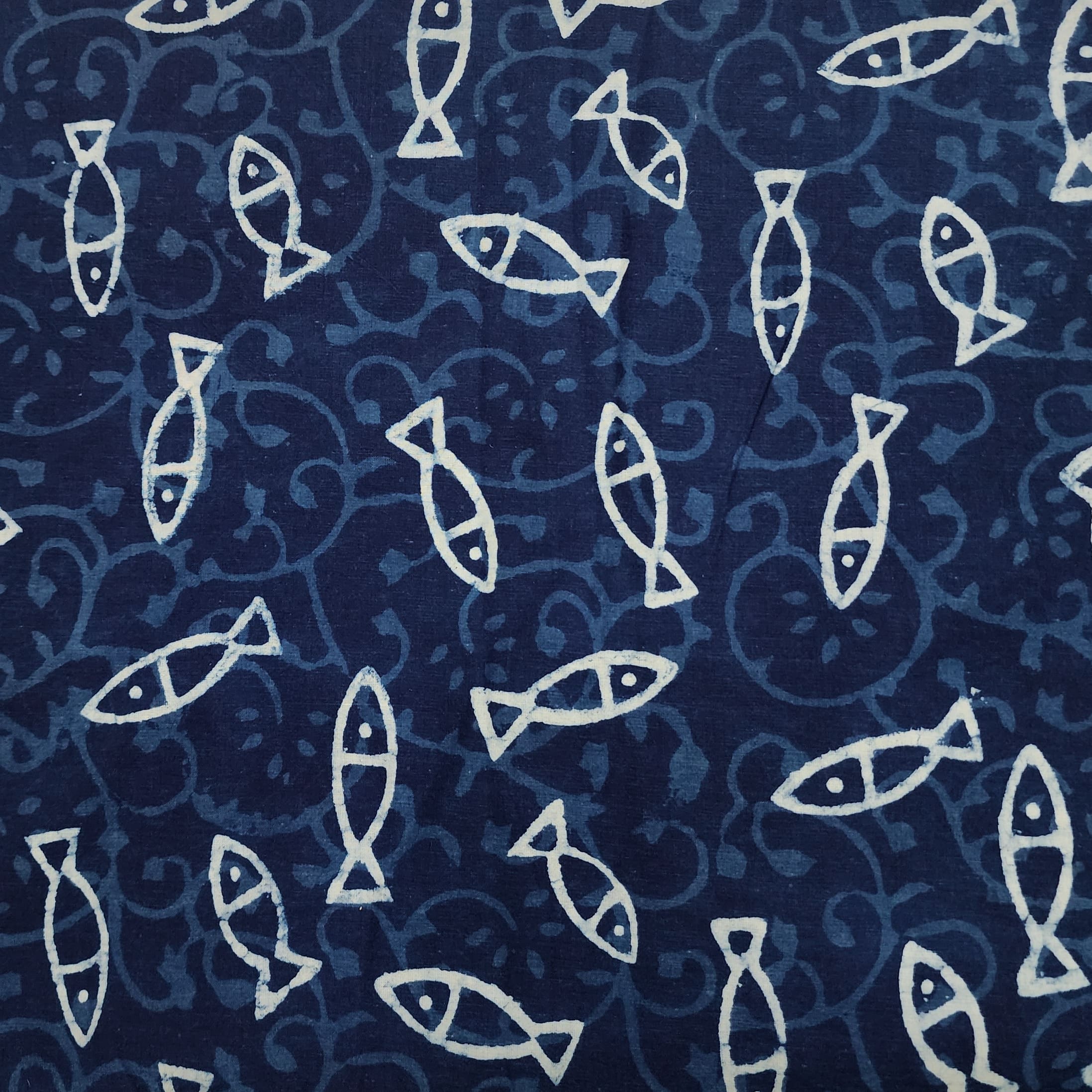 Pure Cotton Indigo With Fish In The Sea Hand Block Print Fabric – Sanskruti