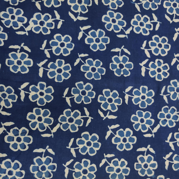 Precut 1.80 Meter Pure Cotton Indigo With Flowers On The Floor Hand Block Print Fabric