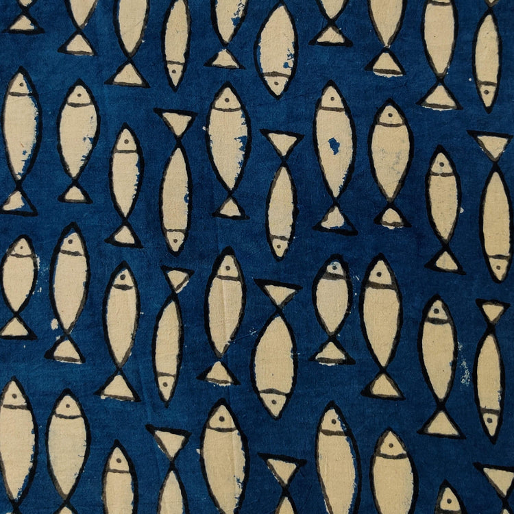 Pure Cotton Indigo With Light Indigo Fish Hand Block Print Fabric ...