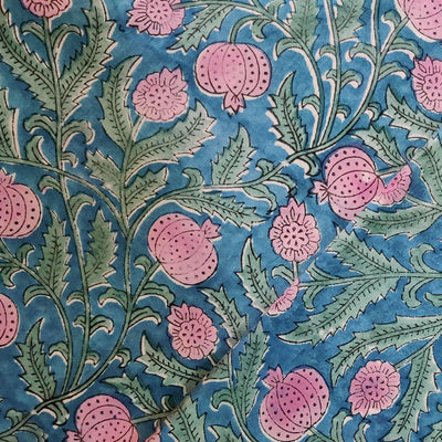 Pure Cotton Jaipuiri Blue With Pink Pomogranate Jaal Hand Block Print Fabric