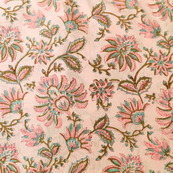 Pure Cotton Jaipuri Baby Pink With Pink And Light Blue Wild Flower Jaal Hand Block Print Fabric