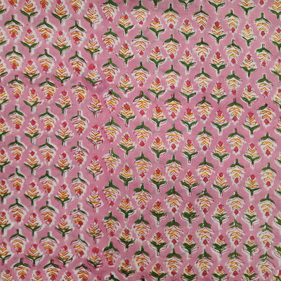 Pure Cotton Jaipuri Baby Pink With Tiny Yellow Green Small Flowers Hand Block Print Fabric