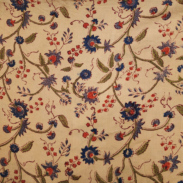 Pure Cotton Jaipuri Beige With Small Blue Flower Jaal Hand Block Print Fabric
