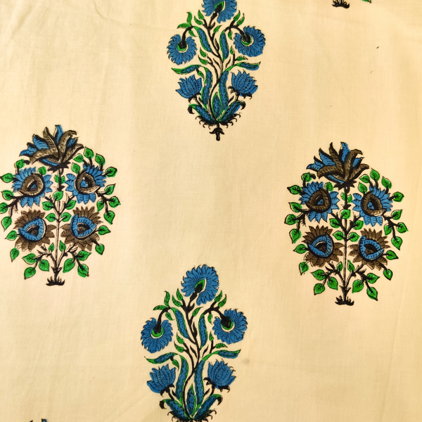 Pre-Cut 1.80 Meters Pure Cotton Jaipuri Beige With Two Mughal Motifs Hand Block Print Fabric