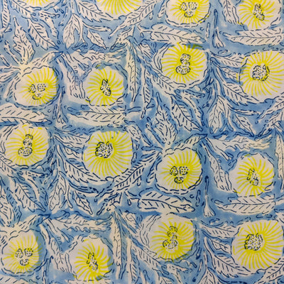 Blouse Piece 0.85 meter Pure Cotton Jaipuri Blue Shrub With Yelow Flowers Hand Block Print Fabric