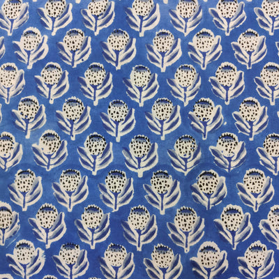 Precut 2.35 Meter Pure Cotton Jaipuri Blue With Dark Blue  All Over Floral Motifs Hand Block Print Fabric