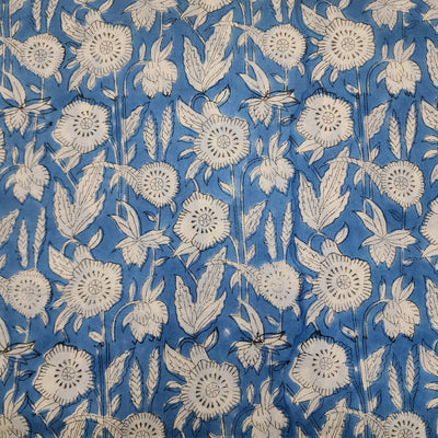 Pure Cotton Jaipuri Blue With Flower Grass Hand Block Print Fabric
