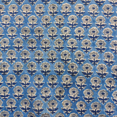Pre cut 2.25 Pure Cotton Jaipuri Blue With Grey And Blue Floral Motifs Hand Block Print Fabric