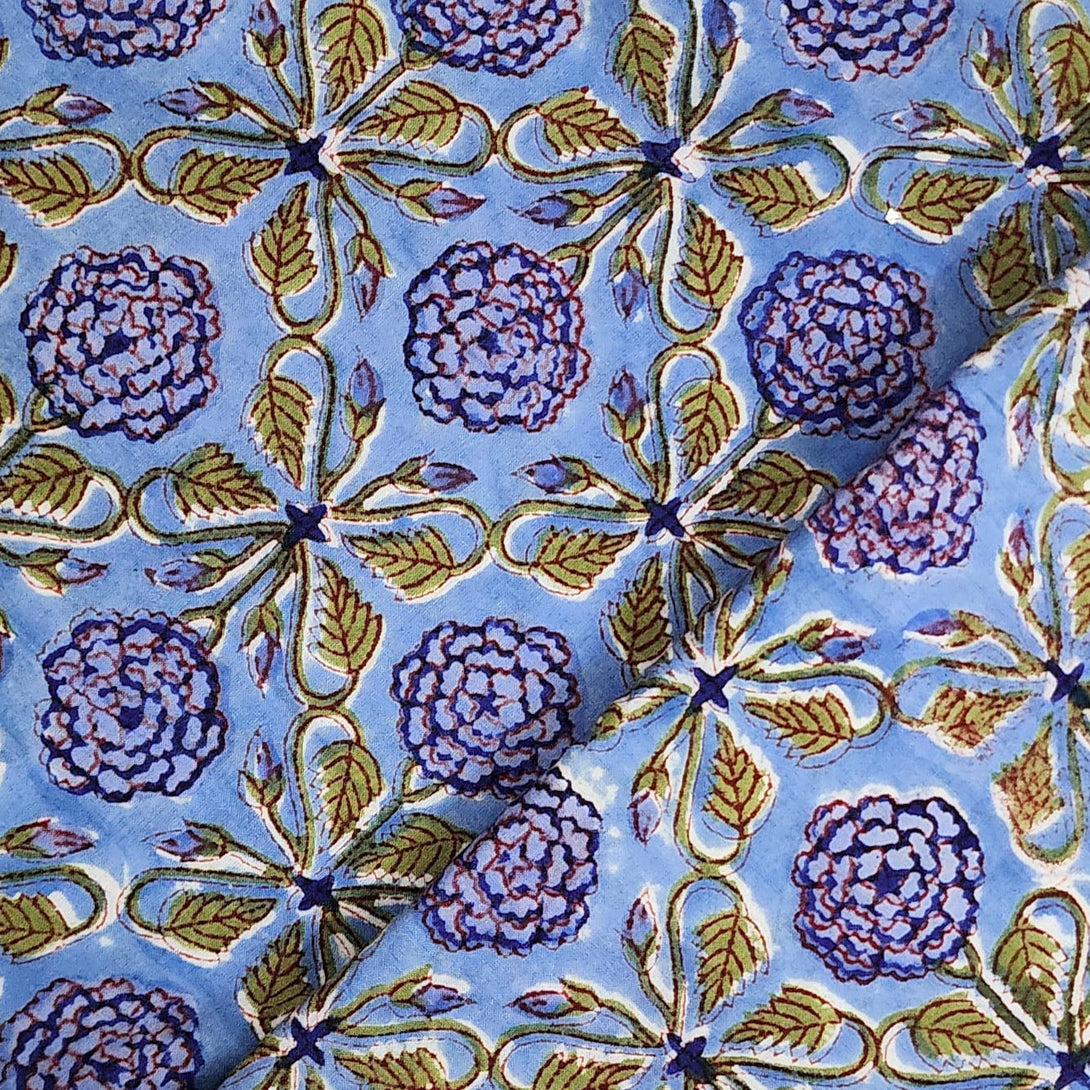Pure Cotton Jaipuri Blue With Marrigold Jaali Geometric All Over Patte ...
