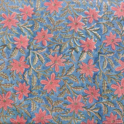 Pure Cotton Jaipuri Blue With Peach Pink Floral Jaal Hand Block Print Fabric