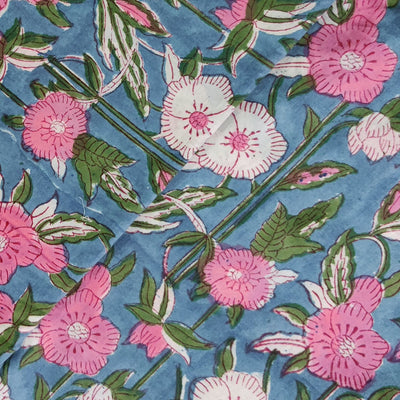 Pure Cotton Jaipuri Blue With Pink And White Floral Grass Hand Block Print Fabric