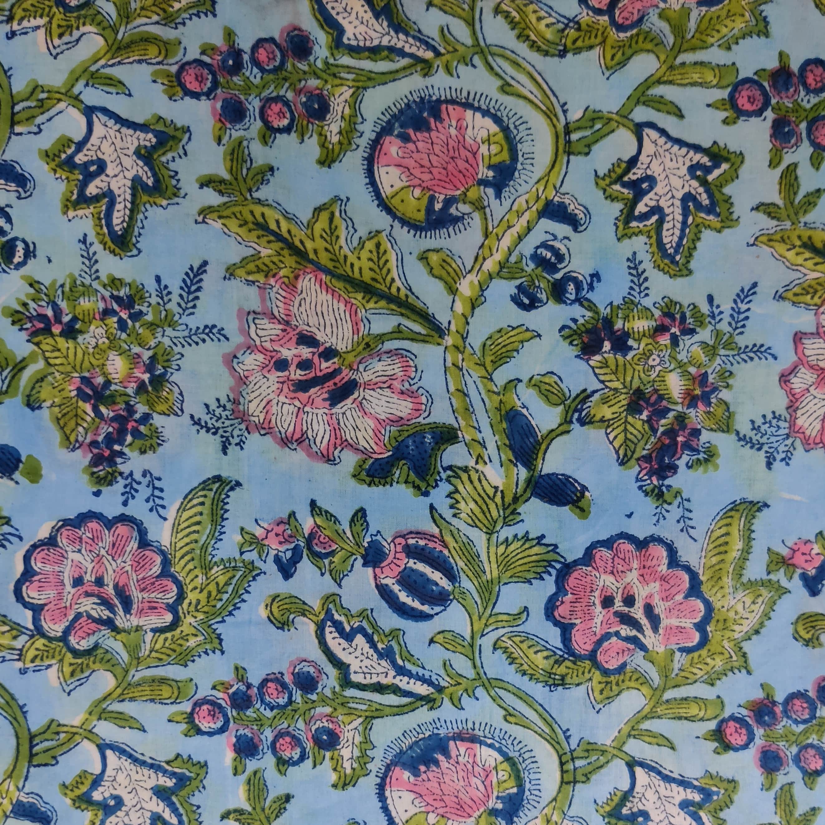 Pure Cotton Jaipuri Blue With Pink Blue And Green Jaal Hand Block Prin ...
