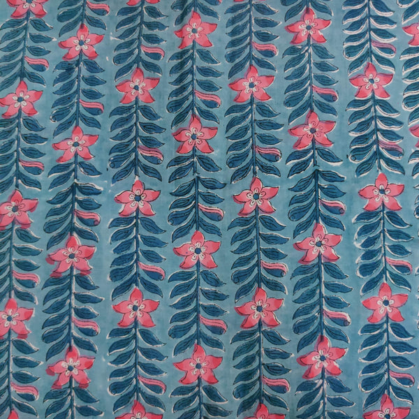 Pure Cotton  Jaipuri Blue With Pink Flower Creeper Hand Block Print Fabric