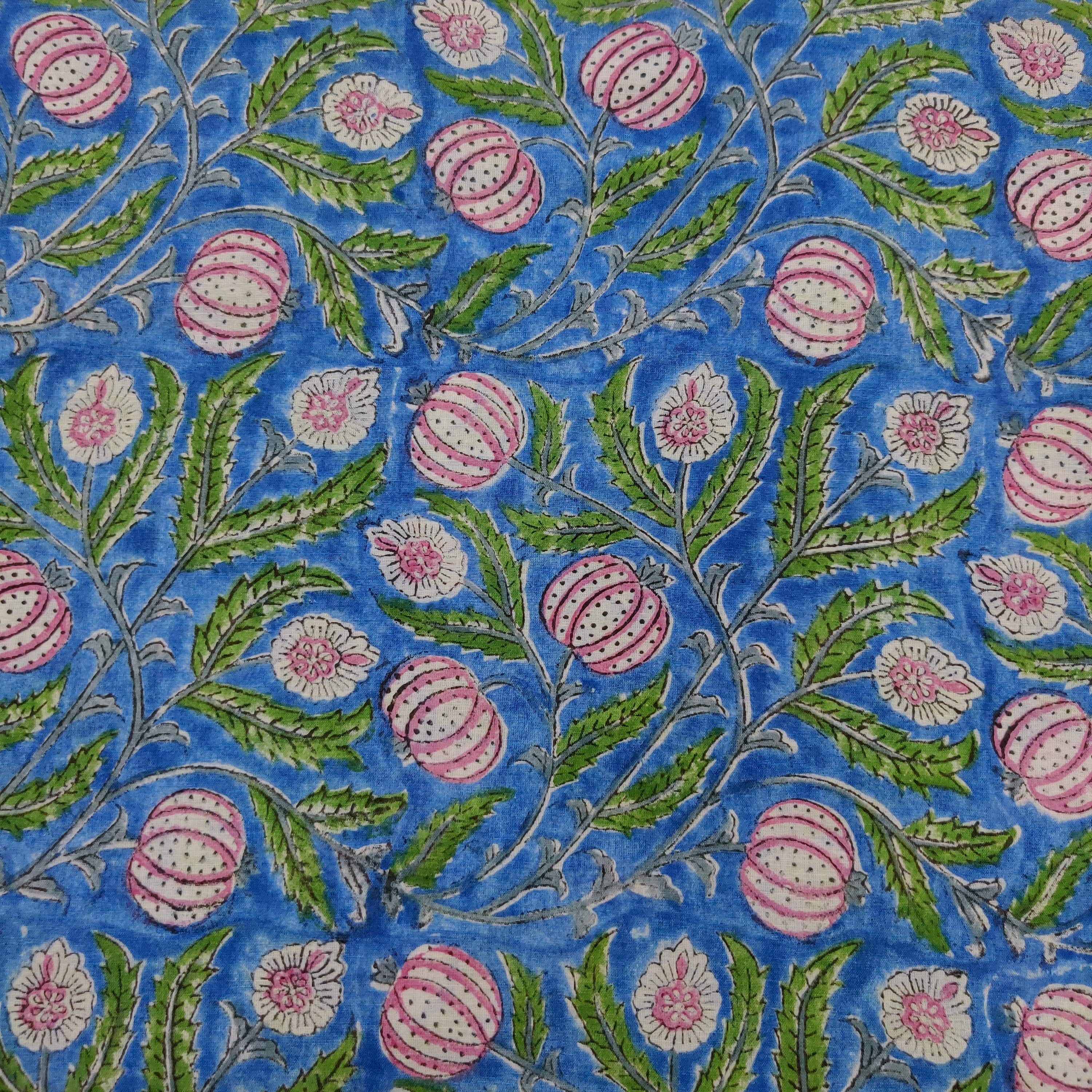 Pure Cotton Jaipuri Blue With Pink Pomogranate Jaal Block Print Fabric ...