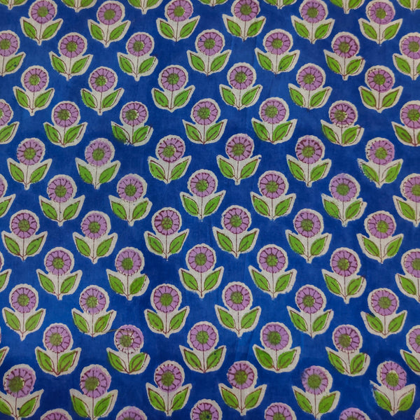 Pre-cut 1.80 meter Pure Cotton Jaipuri Blue With Purple And Green Plant Motif Hand Block Print Fabric