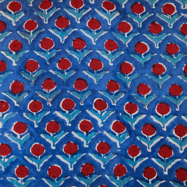 Pre-cut 1.80 meter Pure Cotton Jaipuri Blue With Red Flower Grass Hand Block Print Fabric