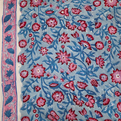 Pure Cotton Jaipuri Blue With Red Pink Floral Jaal Hand Block Print Fabric