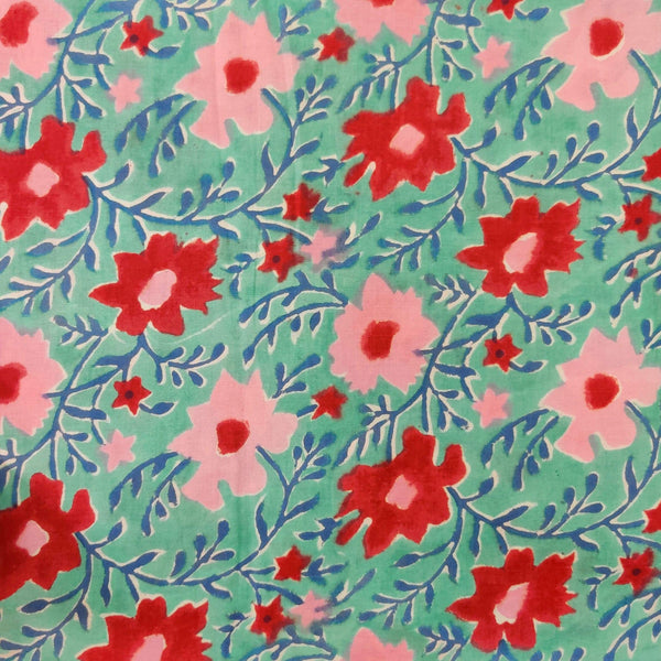 Pre-cut 2 meter Pure Cotton Jaipuri Blue With Red Pink Flower Jaal Hand Block Print Fabric