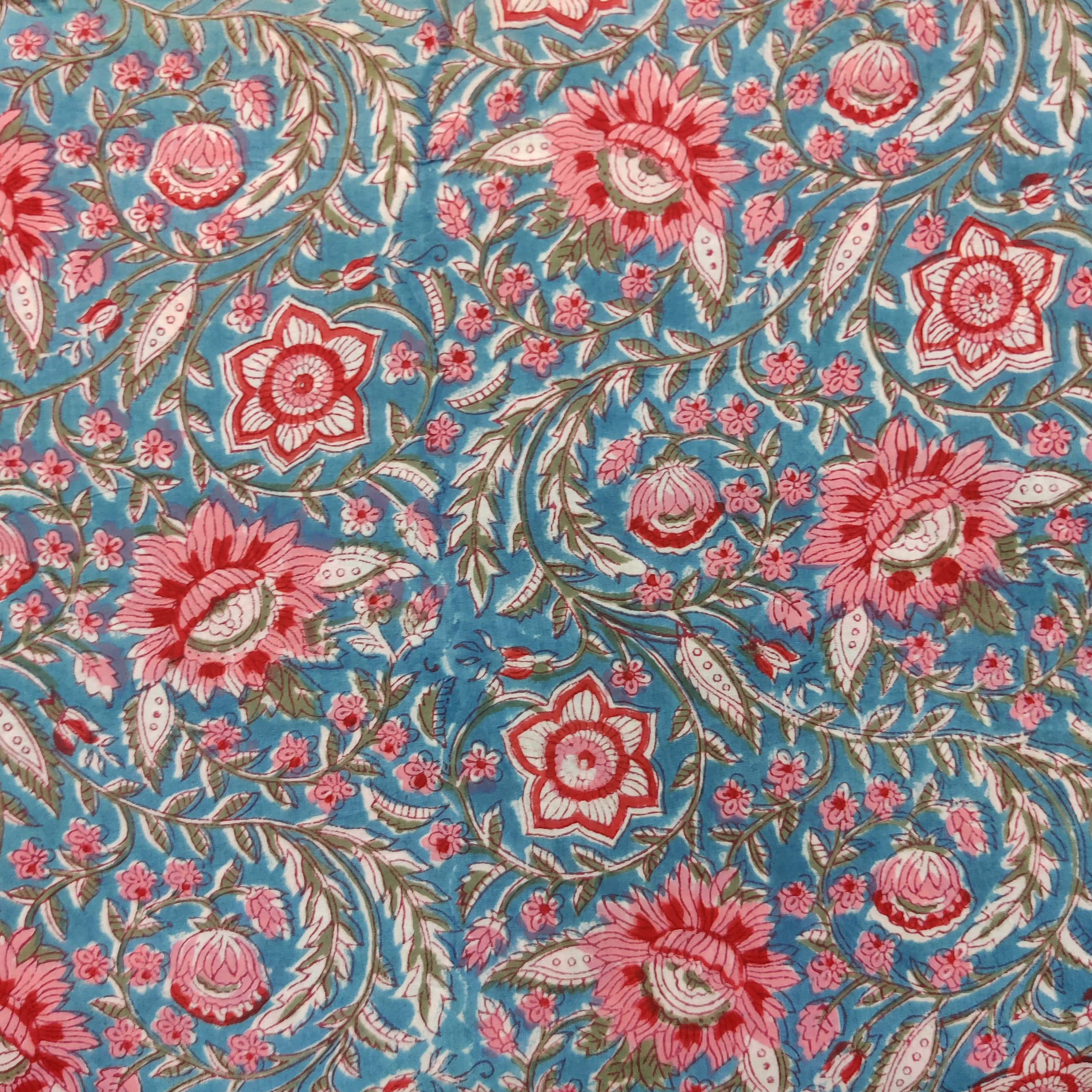 Pure Cotton Jaipuri Blue With Shades Of Pink Jaal Hand Block Print Fab ...