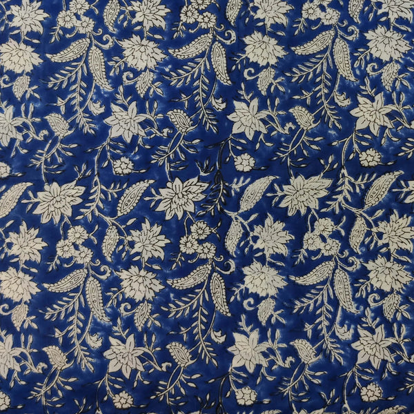 Pure Cotton Jaipuri Blue With White Floral Jaal Hand Block Print Blouse Piece Fabric (1.34 meter)