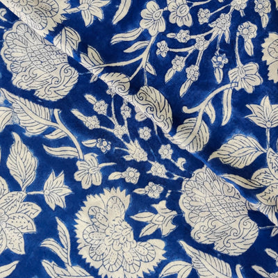 Pure Cotton Jaipuri Blue With White Wild Flower Jaal Hand Block Print Fabric