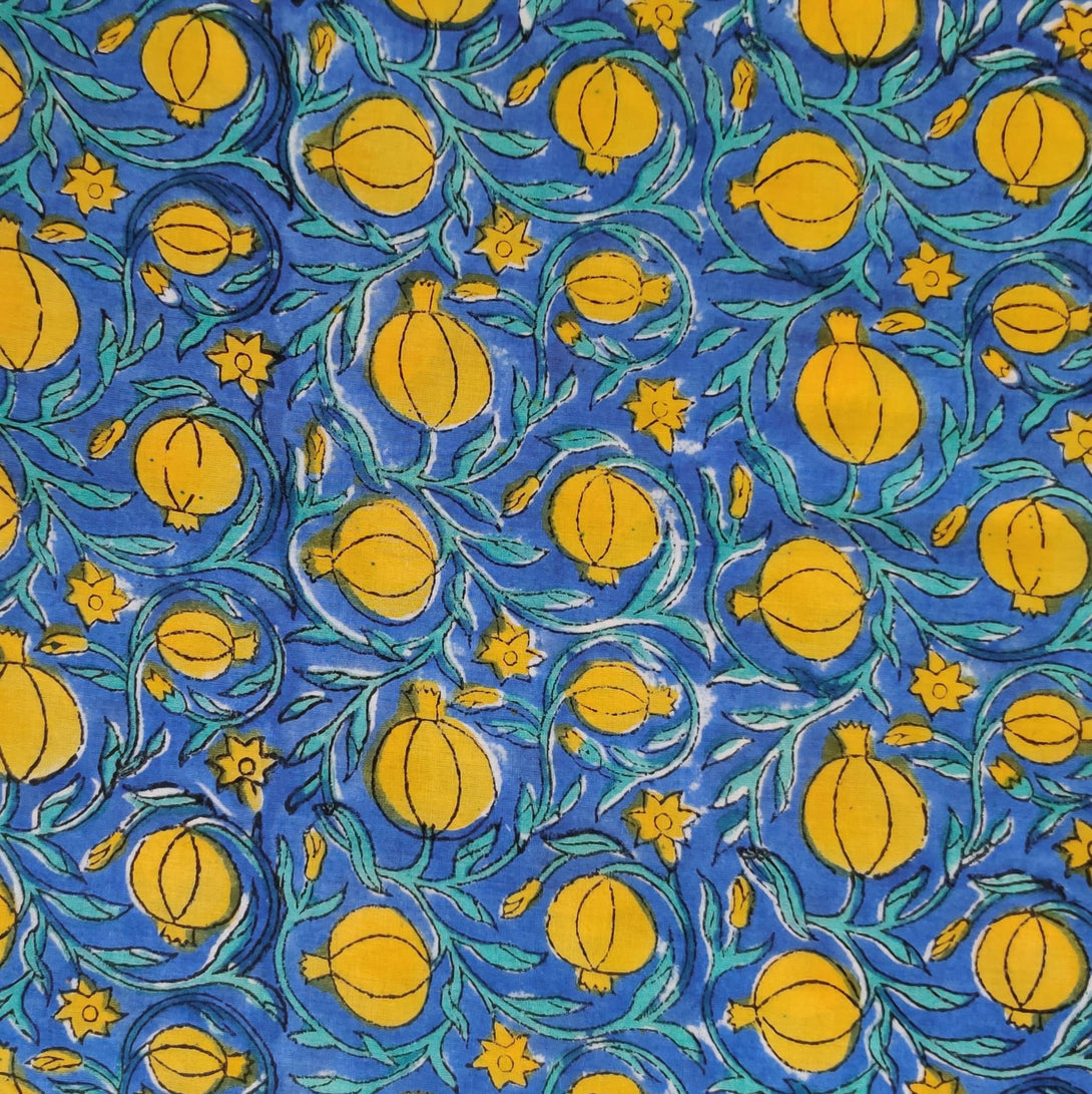 Pure Cotton Jaipuri Blue With Yellow Pomogranate Jaal Hand Block Print ...