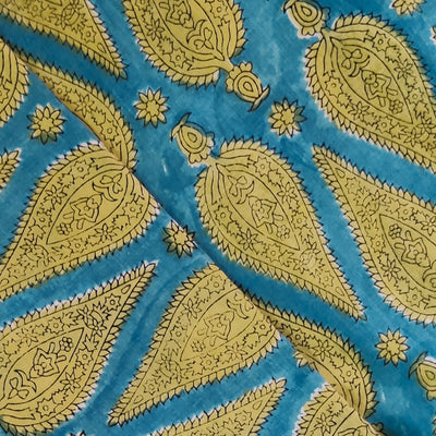 Pure Cotton Jaipuri Blue With Yellow Tribal Cypress Hand Block Print Fabric