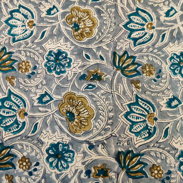 Pure Cotton Jaipuri Bluish Grey With Brown And Blue Floral Jaal Hand Block Print Fabric